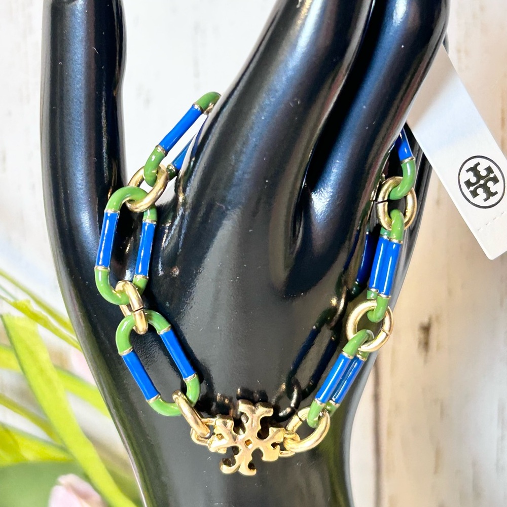 Tory Burch Roxanne Gold, Blue and Green Chain Bracelet NWT